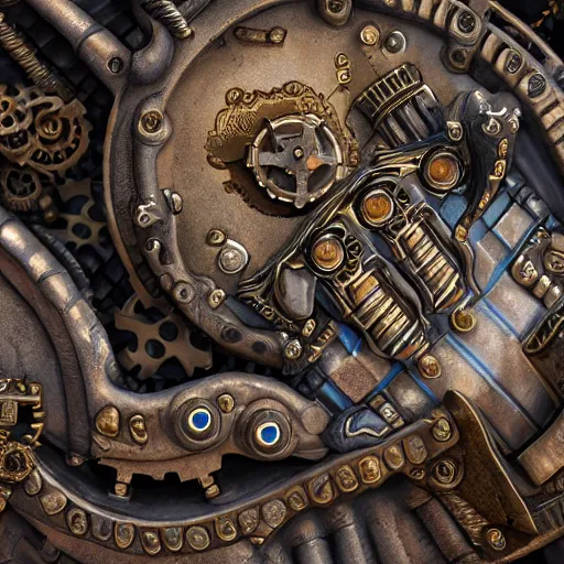Image similar to A steampunk ornate styracosaur made of engraved full plate armor and gears, Macro shot by Justin Gerard, unreal engine, physically based rendering