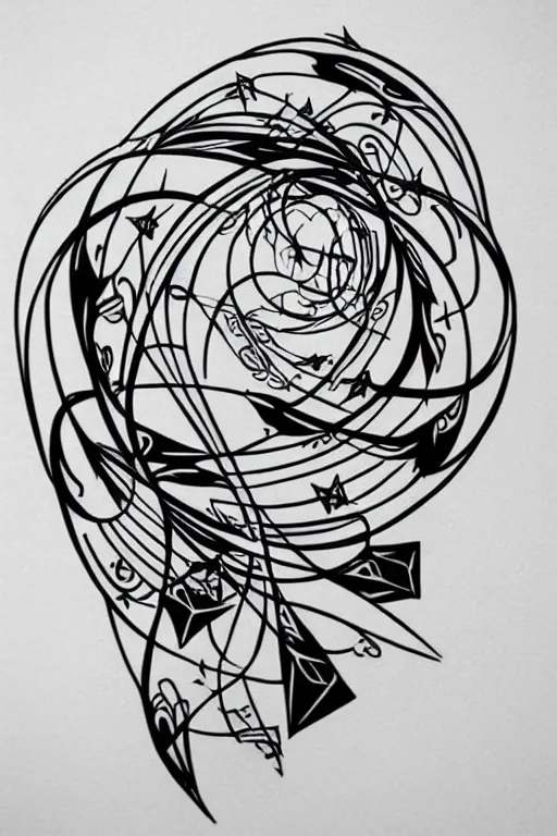 Prompt: a beautiful tattoo design of minimalist flying swallows, flying into geometric spirals, black ink, abstract logo, line art