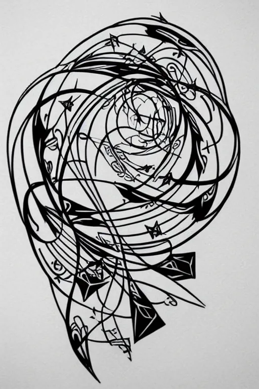 Image similar to a beautiful tattoo design of minimalist flying swallows, flying into geometric spirals, black ink, abstract logo, line art