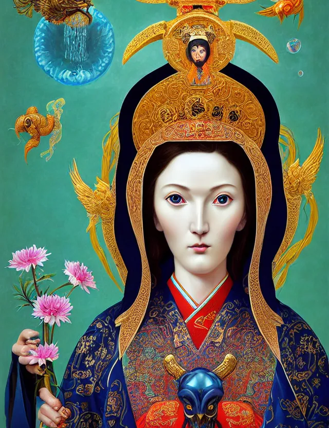 Image similar to 3 d goddess close - up profile portrait russian orthodox icon with ram skull. beautiful intricately detailed japanese crow kitsune mask and clasical japanese kimono. betta fish, jellyfish phoenix, bio luminescent, plasma, ice, water, wind, creature, artwork by tooth wu and wlop and beeple and greg rutkowski