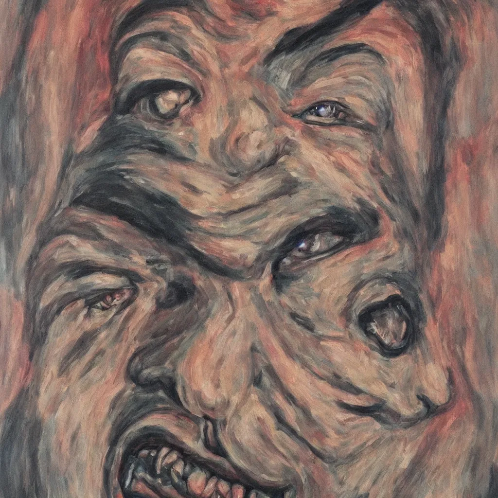 Prompt: detailed painting of the face of a misanthropic and antisocial individual who needs to catharsis his anger and his internal war against the ego, psychotic conceptual art