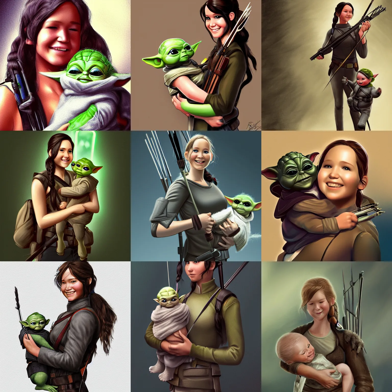 Prompt: Katniss Everdeen carrying Baby Yoda, both smiling for the camera, digital art by Grey Rutkowski, intricate, sharp focus, artstation