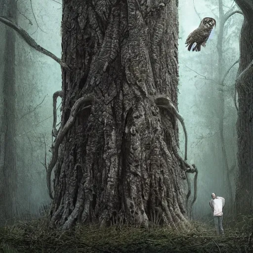 Image similar to an 5 5 - year old man looks at a great grey owl in a tree in front of him, concept art, realistic modern supernatural horror thriller aesthetic, hd 4 k 8 k digital matte painting, by david mattingly and michael whelan and samuel araya. layout in the style of christopher mckenna and gregory crewdson