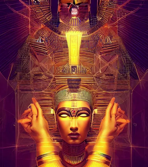 Image similar to symmetry!! egyptian god of technology, solid cube of light, hard edges, product render retro - futuristic poster scifi, lasers and neon circuits, beautiful brown skin god egyptian god, intricate, elegant, highly detailed, digital painting, artstation, concept art, smooth, sharp focus, illustration, dreamlike, art by artgerm