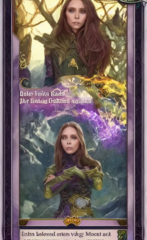 Image similar to mtg card trading, fantasy mtg card of elizabeth olsen, screenshot