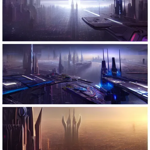 Prompt: a collage of images of a futuristic city, a detailed matte painting by john martin, cgsociety, space art, matte painting, concept art, reimagined by industrial light and magic