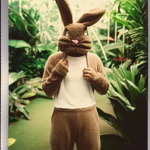 Prompt: grainy head to shoulder portrait Polaroid film photograph of a man wearing a bunny costume in a tropical greenhouse. looking at the camera!!. super resolution. Extremely detailed. Polaroid 600 film. by Annie Leibovitz and Richard Avedon