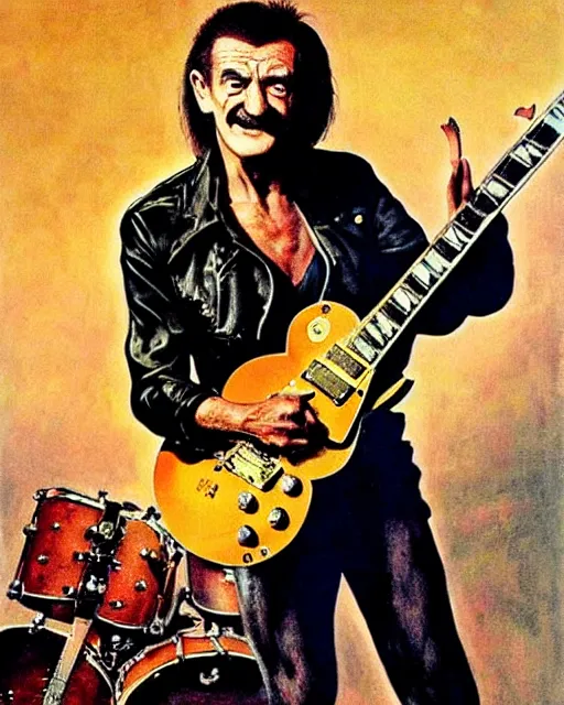 Prompt: Barry Chuckle ripping a solo on a Gibson Les Paul, heavy metal artwork by Frank Frazetta