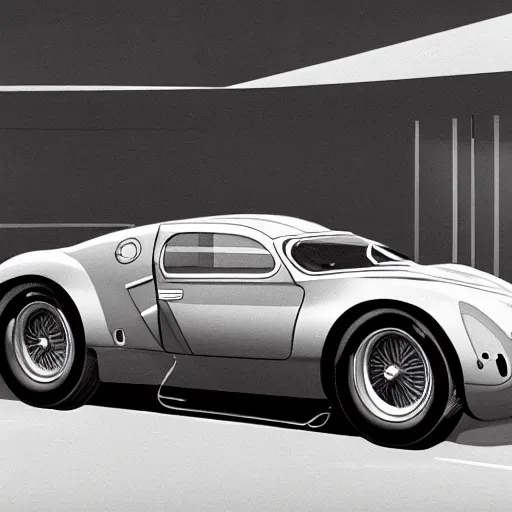 Image similar to bugatti type c, rdodge m 4 s, 1 9 6 0's le mans, ralph maquarrie and syd mead cinematic matte painting, 4 k