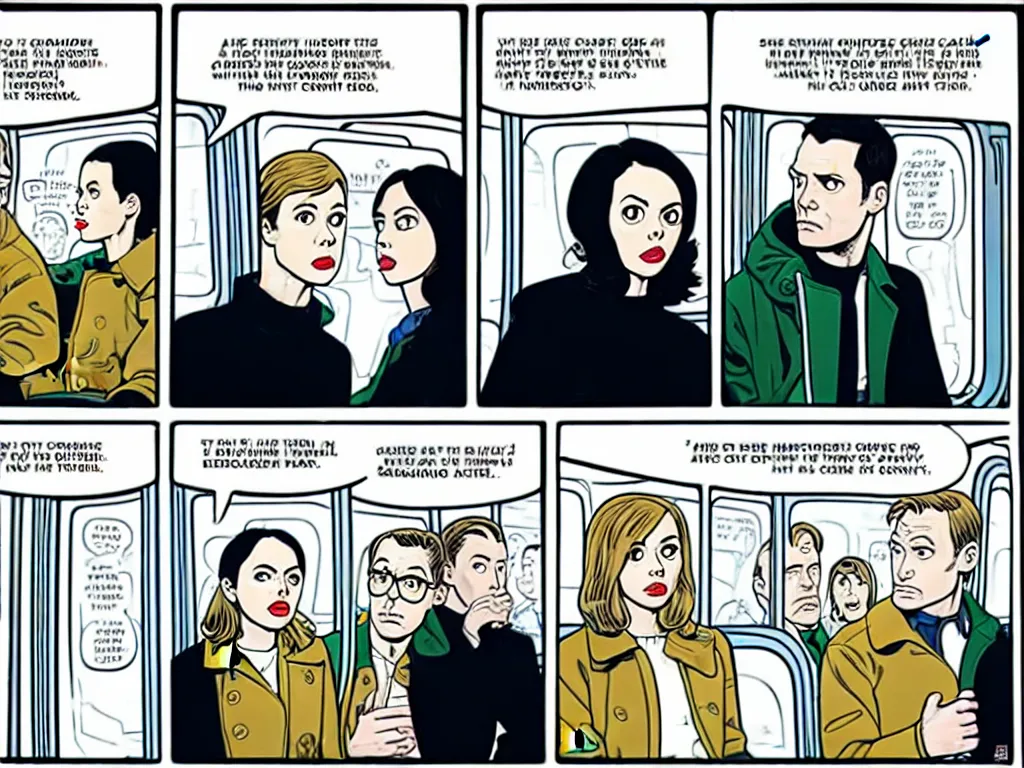 Prompt: a single comic panel by Daniel Clowes, 3/4 low angle view wide shot of two people sitting in an empty Chicago subway train, in front of windows: a sad Aubrey Plaza in a parka and a friendly Mads Mikkelsen in a suit