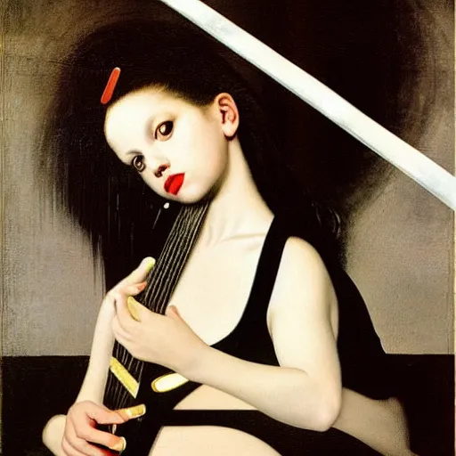 Image similar to Goth girl playing electric guitar by Mario Testino, oil painting by Caravaggio and Tintoretto