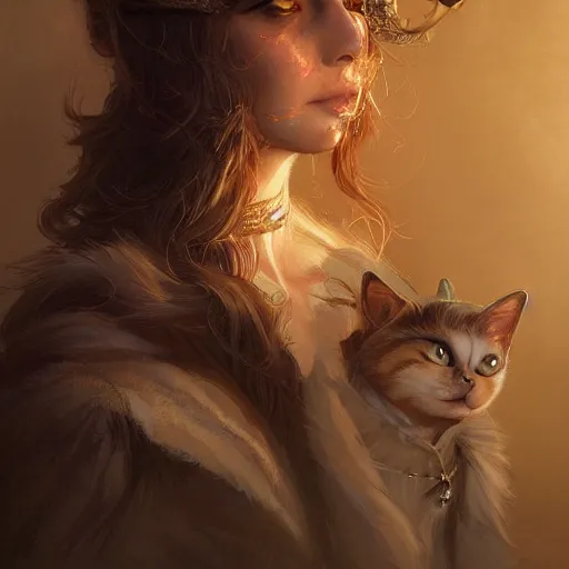 Prompt: Portrait of a woman dressed as a cat making magic, fantasy, D&D, intricate, cinematic lighting, highly detailed, digital painting, artstation, concept art, smooth, sharp focus, illustration, art by Artgerm and Greg Rutkowski, Cgsociety