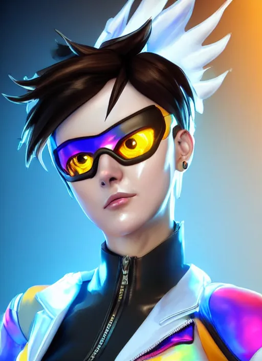 Image similar to portrait bust digital artwork of tracer overwatch, wearing white iridescent rainbow latex and leather straps catsuit outfit, 4 k, expressive happy smug expression, makeup, in style of mark arian, angel wings, wearing detailed black leather collar, chains, black leather harness, detailed face and eyes,