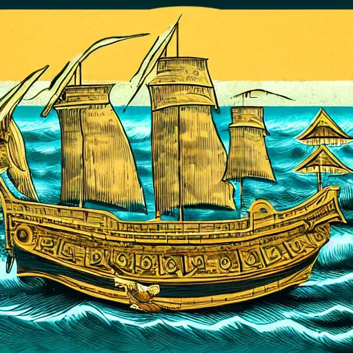 Prompt: detailed golden age illustration of a pirate ship on the ocean
