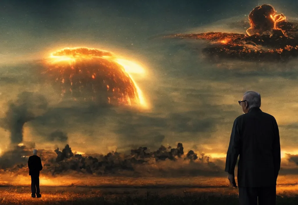 Image similar to old man with ( black cat ) watching nuke explosion cinematic, background blur bokeh, world ending nuke, 4 k