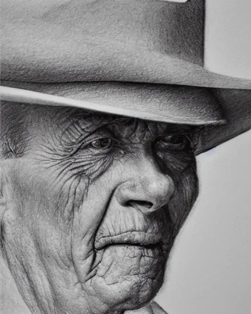 Prompt: high quality high detail pencil drawing by norman rockwell, hd, close up portrait, old cowboy, muted pastel colors, photorealistic lighting