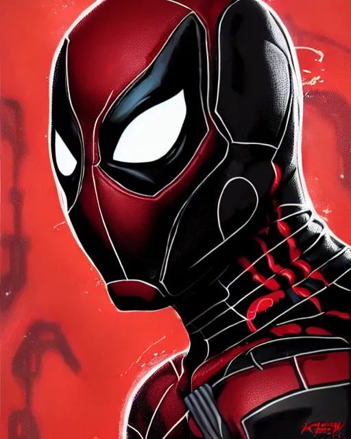 Image similar to highly detailed closeup portrait of a mutated venom symbiote in iron man suite suit with deadpool host, wearing black hoodie by atey ghailan, by greg rutkowski, by greg tocchini, by james gilleard, by joe fenton, by kaethe butcher, red, black, crimson and white color scheme, background is graffiti tag wall