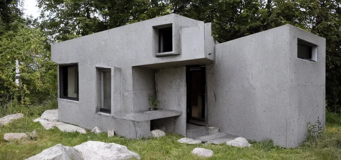 Image similar to brutalist tiny home made of stone