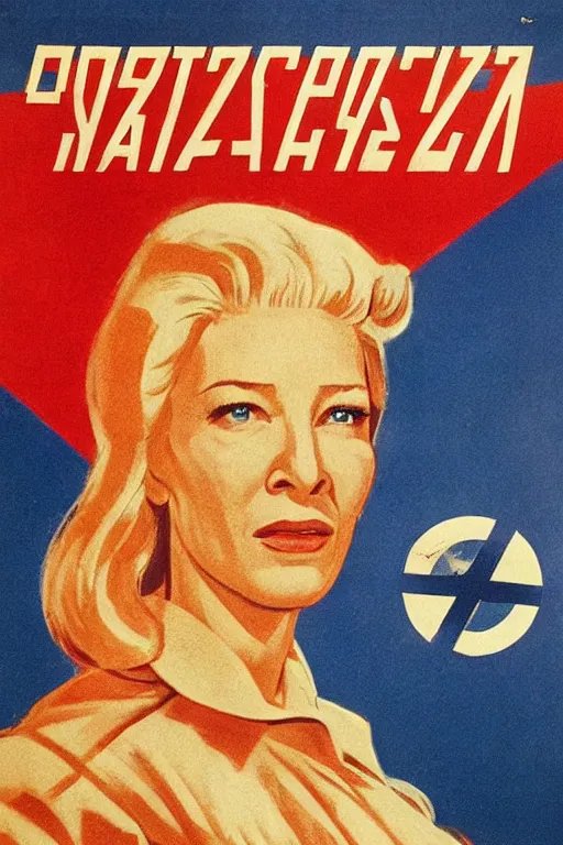 Image similar to soviet propaganda poster with cate blanchett calling on the world community to fight against Nazism, Ultra Detailed, soviet realism