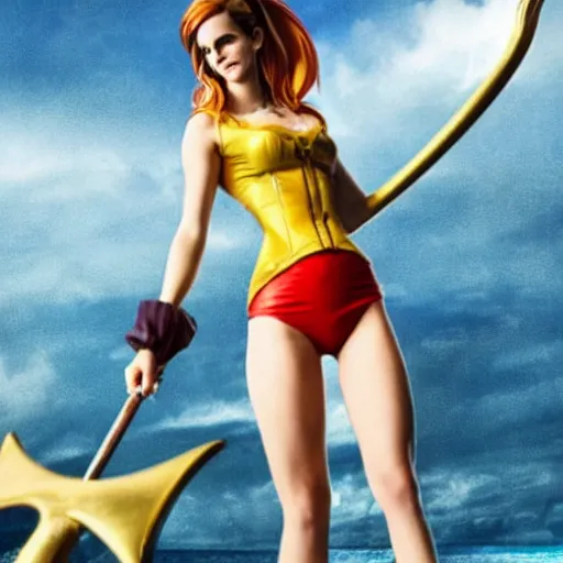 Image similar to a full body photo of emma watson as nami from one piece holding a trident in one hand, award winning photography, 50 mm, perfect faces.