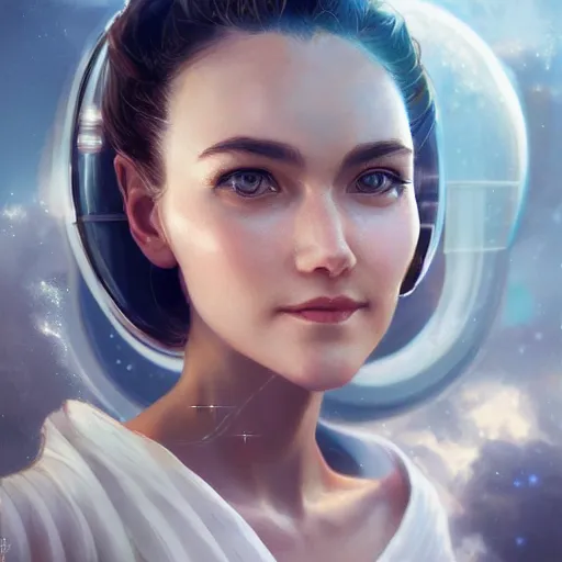 Prompt: woman sitting on a spaceship window, beautiful detailed dress, close - up portrait, highly detailed face, smiling, by artgerm, by wlop, by greg rutkowski, octane render, digital art