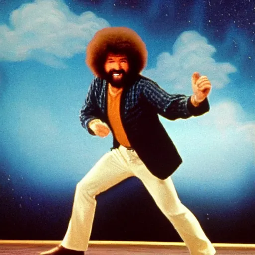 Prompt: bob ross dancing on the ceiling! oh what a feeling!