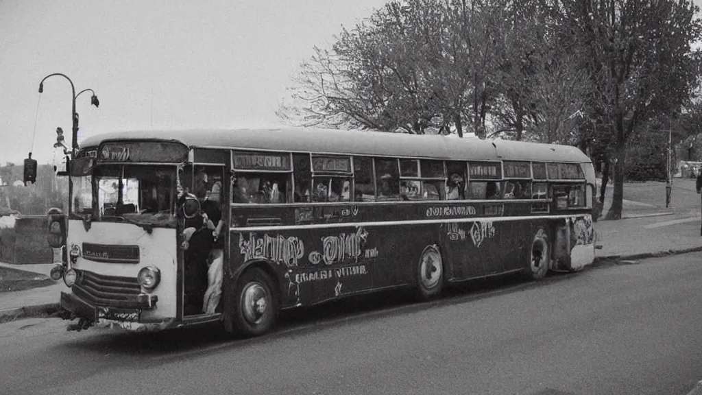 Prompt: grainpunk sensational zoom in on bus