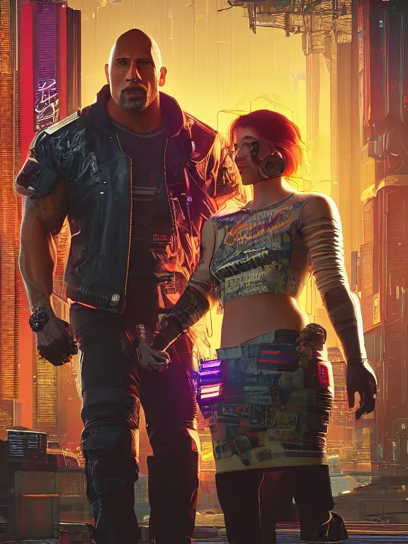 Image similar to a cyberpunk 2077 wedding portrait of Dwayne Johnson and a female android,complex mess of cables and wires behind them connected to giant computer,film lighting,by laurie greasley,Lawrence Alma-Tadema,William Morris,Dan Mumford, trending on atrstation,full of color,face enhance, highly detailed,8K, octane,golden ratio,cinematic lighting