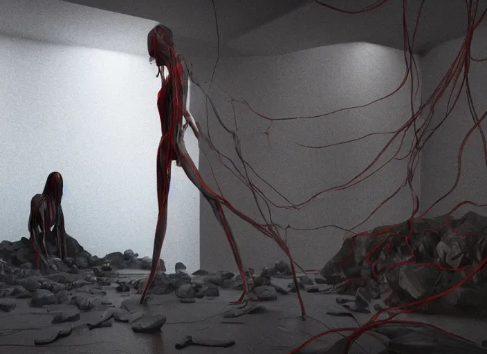 Image similar to rgb, woman, bedroom full of rocks, cinematic, movie scene, inspired by zdzislaw beksinski, clothes made out of veins,, cables everywhere, bedroom, ultra realistic, concept art, intricate details, highly detailed, photorealistic, octane render, 8 k