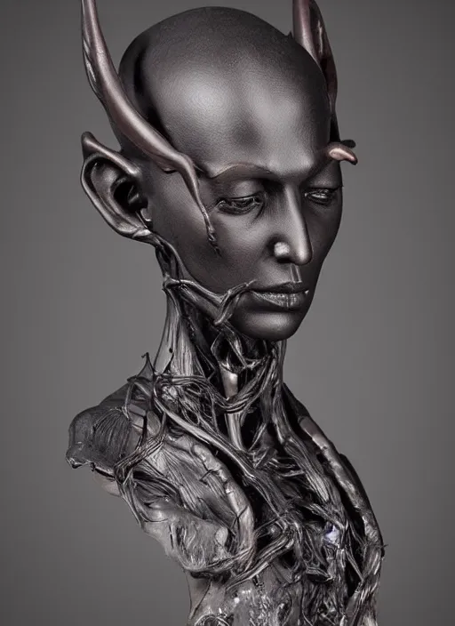 Image similar to a bust sculpture of anatomical detailed fantasy elvish character, very dark black skin, very beautiful, high forehead, high cheekbones, stylized, ceramic base, orthographic, studio lighting