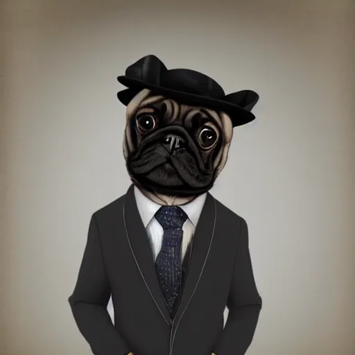 Image similar to a gentleman pug wearing a black jacket and a cap, art station