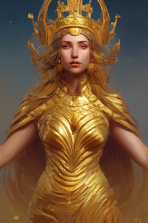 Prompt: goddess of the golden crown, highly detailed, digital painting, artstation, concept art, smooth, sharp focus, illustration, unreal engine 5, 8 k, art by artgerm and greg rutkowski and edgar maxence