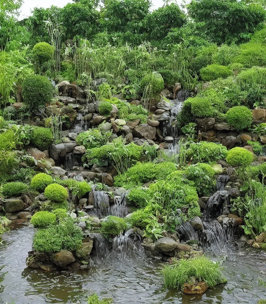 Image similar to a garden, in which there is a flowing water sculpture made of bamboo, garden landscape and symmetrical landscape ， by andre le notre ， trending ，