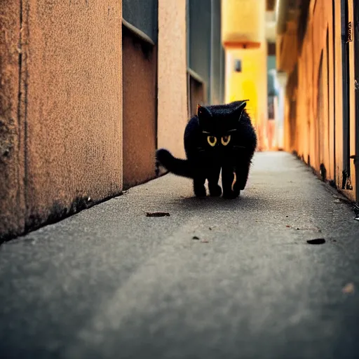 Image similar to cat running from police into an alley, high quality, photograph, studio lighting