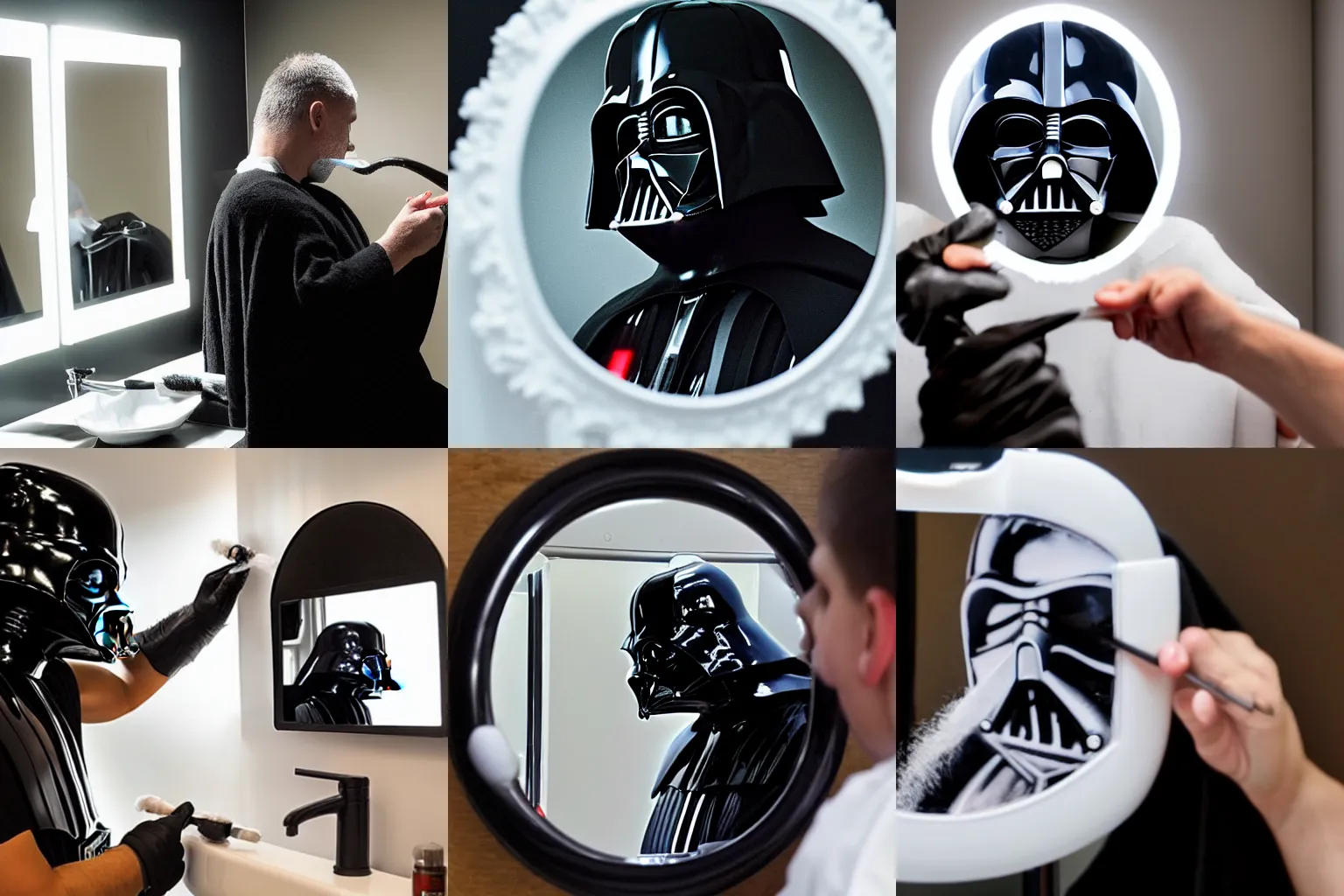 Prompt: photo of Darth Vader shaving in the morning using shaving foam looking in the mirror