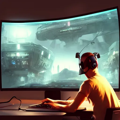 Image similar to realistic man using pc in gaming room, artstation trends, sci fi concept art, highly detailed, intricate, sharp focus, digital art, 8 k