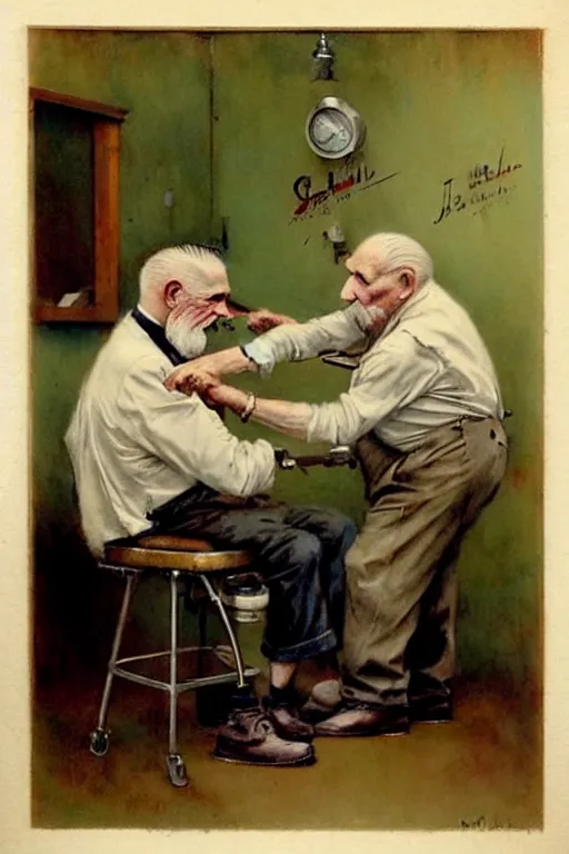 Image similar to (((((1950s barber shop with old men. muted colors.))))) by Jean-Baptiste Monge !!!!!!!!!!!!!!!!!!!!!!!!!!!