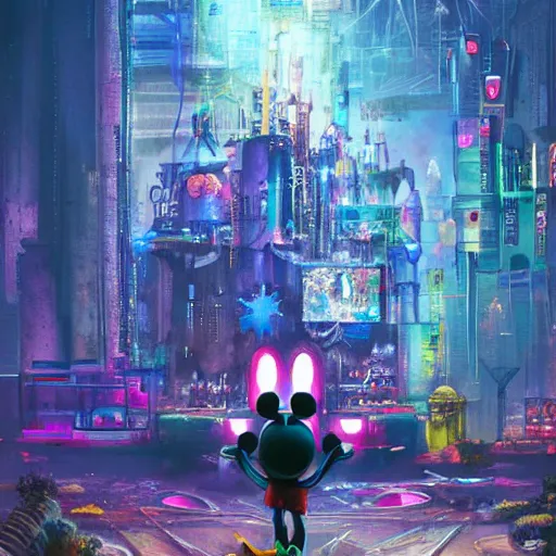 Image similar to a group of people standing around a mickey mouse, cyberpunk art by david lachapelle, cgsociety, sots art, dystopian art, reimagined by industrial light and magic, concept art