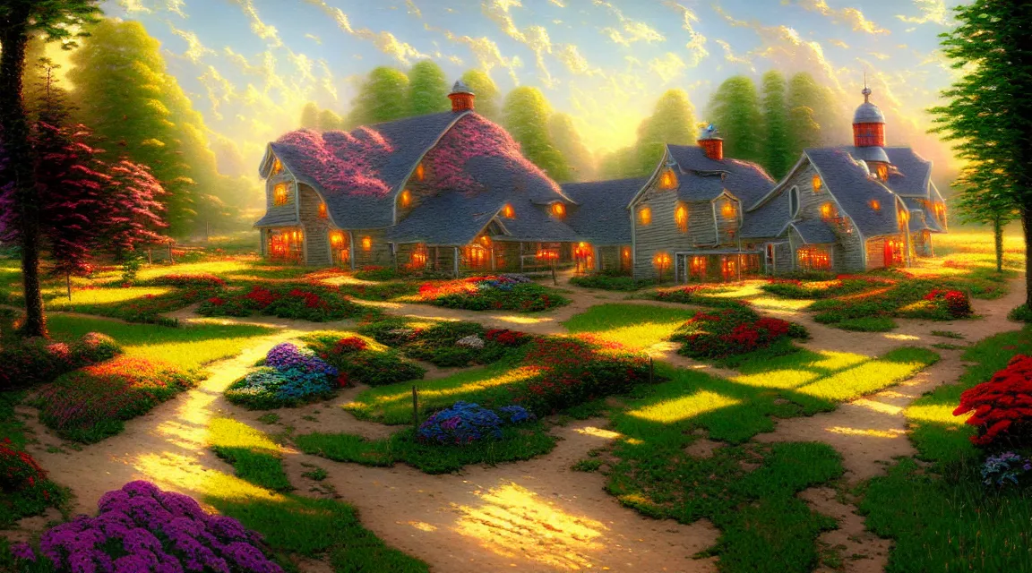 Prompt: beautiful farm, by thomas kinkade trending on artstation, photorealistic, hyper detailed, hyper realistic, vibrant colors