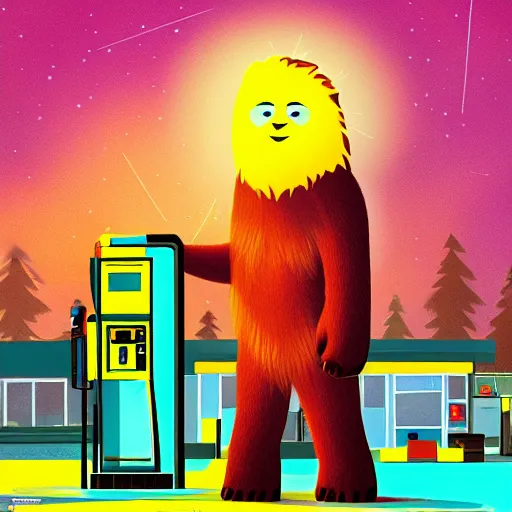 Image similar to sasquatch at the gas station at night, colourful, illustration