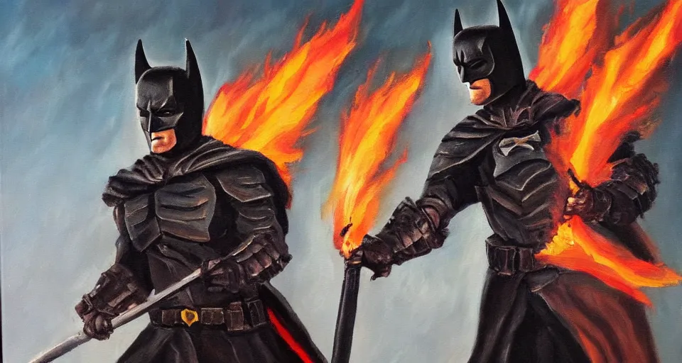 Image similar to An oil painting of a dark knight wielding a flaming sword