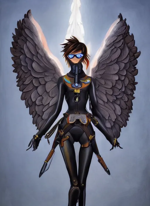 Image similar to full body artwork of tracer overwatch wearing leather collar in style of zdzisław beksinski, angel wings, dramatic painting, symmetrical composition, wearing detailed leather collar, black shiny armor, chains, black harness, detailed face and eyes,