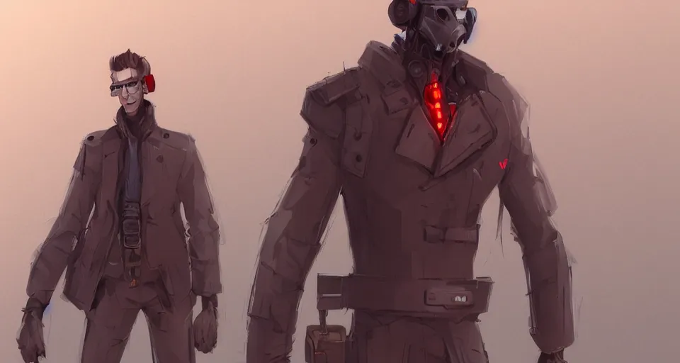 Image similar to concept art of a lean and lanky man that has a radio for a head and wears a cyberpunk coat, concept art, turnaround world building, character design