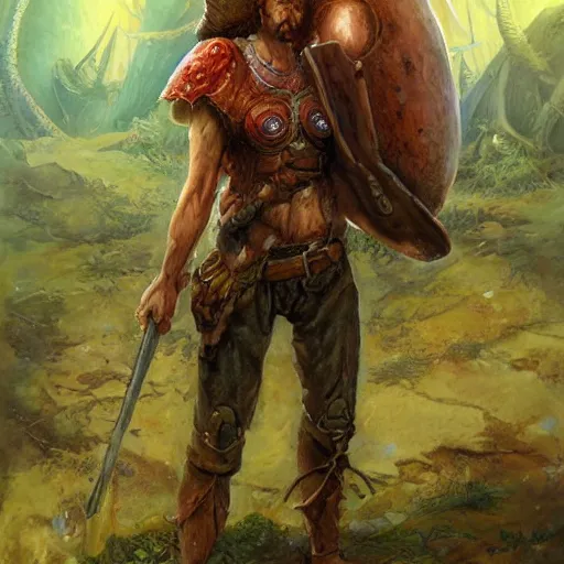 Prompt: full body portrait of a mushroom warrior, by jon foster