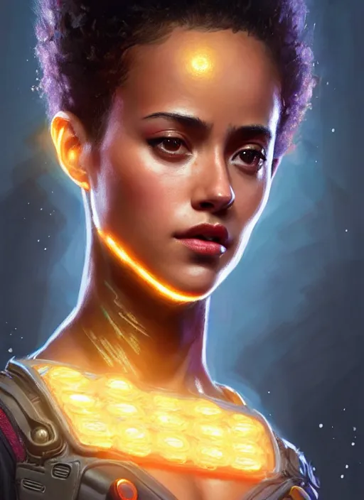 Image similar to portrait of apex legends nathalie emmanuel, intricate, elegant, glowing lights, highly detailed, digital painting, artstation, glamor pose, concept art, smooth, sharp focus, illustration, art by artgerm and greg rutkowski, artey freytag