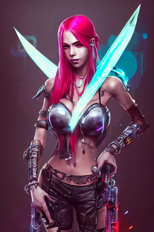 Image similar to katarina from league of legends, cyberpunk futuristic neon. she is holding blades, decorated with traditional japanese ornaments by ismail inceoglu dragan bibin hans thoma greg rutkowski alexandros pyromallis nekro rene maritte illustrated, perfect face, fine details, realistic shaded, fine - face, pretty face, masterpiece