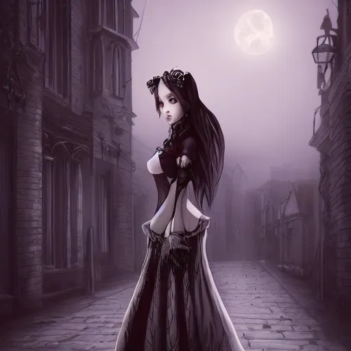 Prompt: an elegant vampire girl stands in a quiet street in an old gothic city, high resolution, highly detailed, dark fantasy, night