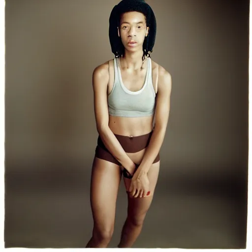 Image similar to realistic photoshoot for a new nike lookbook, color film photography, portrait of a beautiful woman in style of tyler Mitchell, 35mm, graflex