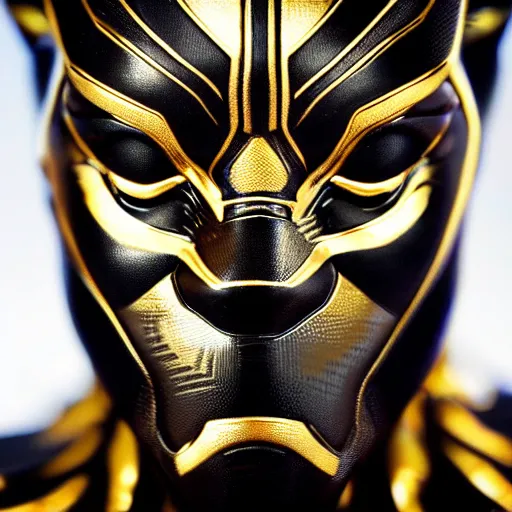 Image similar to a close up shot of a golden statue of black panther, detailed, 8K, epic, photorealistic,