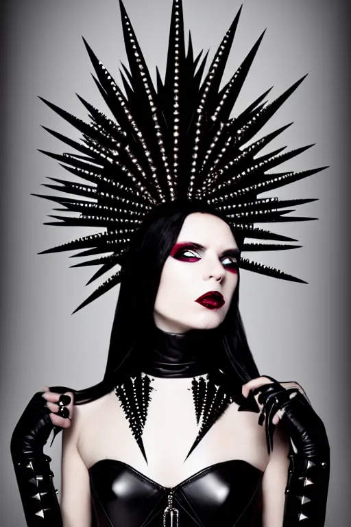 Image similar to a woman in a black leather outfit with spikes on her head, a high fashion character portrait by christen dalsgaard, featured on behance, gothic art, androgynous, genderless, gothic